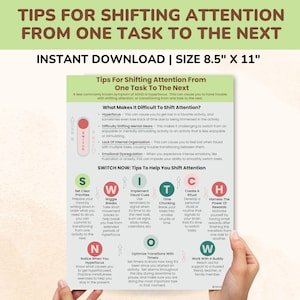 Może przedstawiać: Drukowany plakat z poradami dotyczącymi przełączania uwagi z jednego zadania na drugie. Plakat jest podzielony na sekcje z nagłówkami takimi jak „Co sprawia, że ​​zmiana zadania jest trudna?” i „Przełącz teraz: Porady, które pomogą Ci zmienić zadanie”. Plakat zawiera listę porad, takich jak „Ustal jasne priorytety”, „Zrób aktywne przerwy”, „Wdroż wizualne wskazówki”, „Podziel czas”, „Stwórz rytuał”, „Wykorzystaj moc nagród”, „Zauważ, kiedy jesteś hiper skoncentrowany”, „Zoptymalizuj przejścia za pomocą minutników” i „Pracuj z partnerem”.