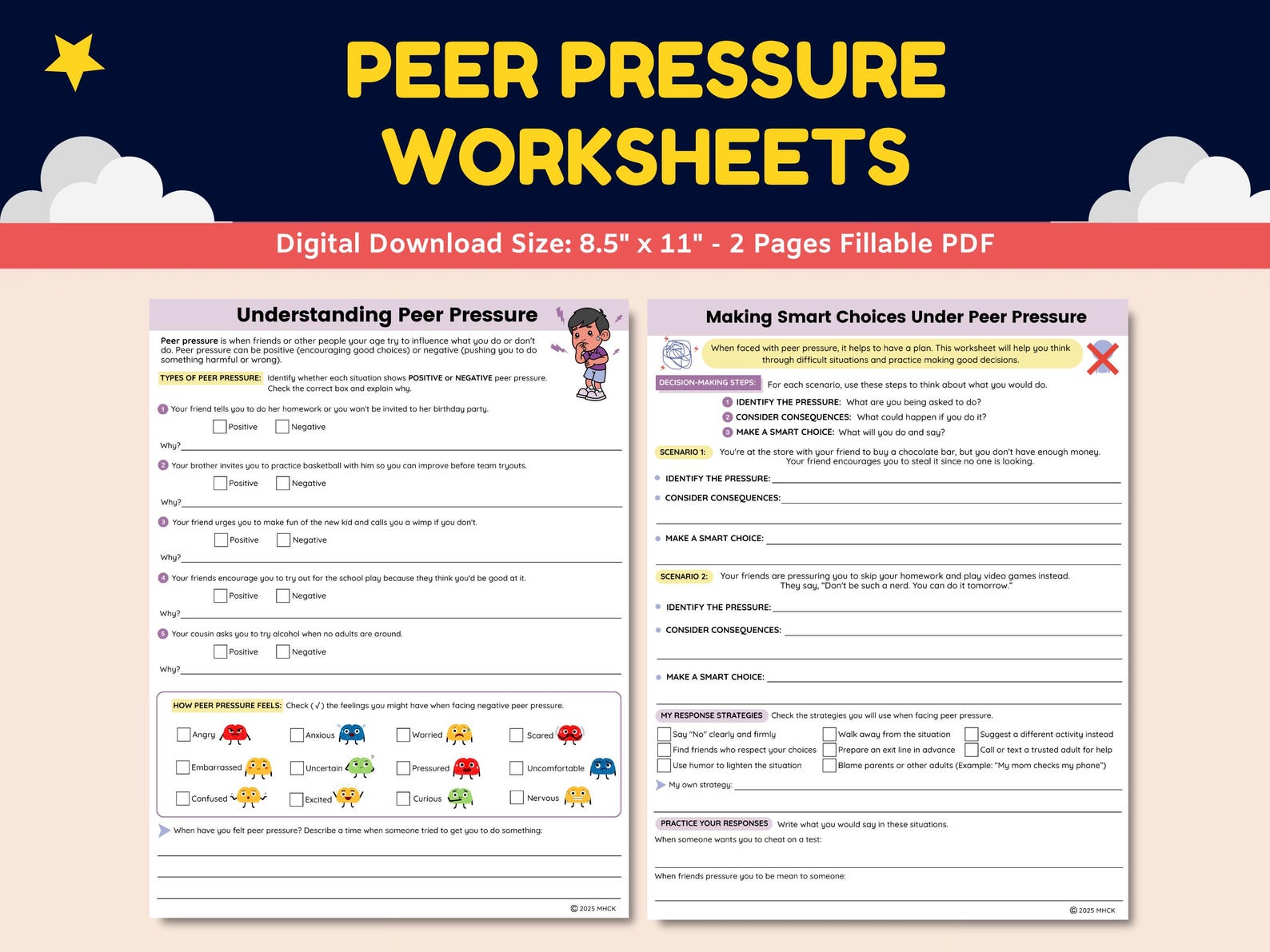 Peer Pressure Social Skills Worksheets for Kids-teens-students | Child ...