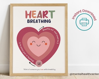 Heart Mindfulness Breathing School Counseling Office Digital Poster For Kids, Calm Down Corner Breathing Exercise Poster Therapy Office Art