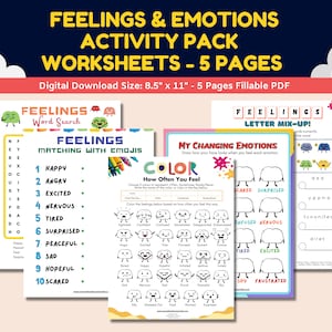 Feelings Emotions 5 Pg Printable Emoji Activity Pack Worksheets For Kids-Social Emotional Learning Chart-Mental Health-Child Counseling PDF