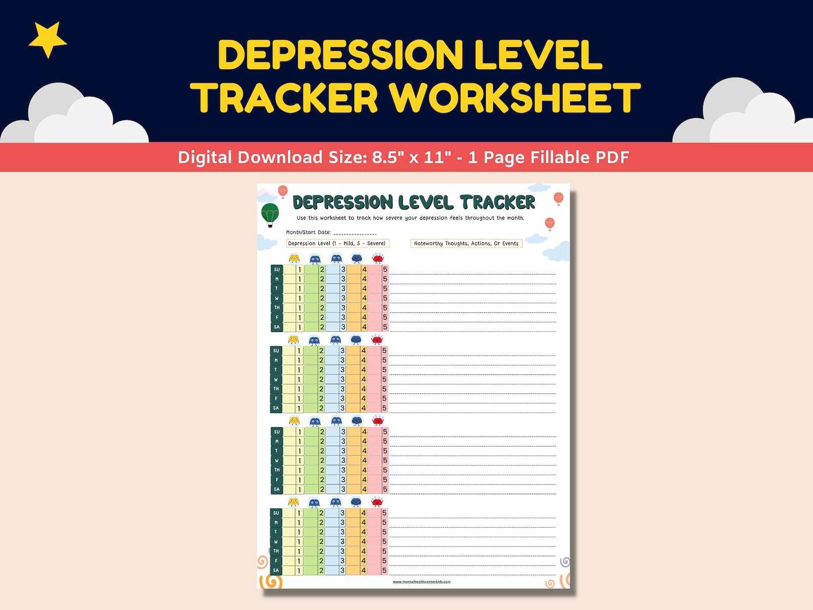 Mood Tracker & Depression Level Tracker Mental Health - Etsy