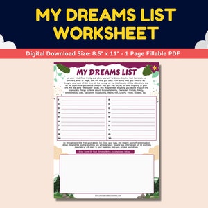 My Dreams List Self-Esteem Growth Mindset Printable Worksheet Kids Teens Young Adult Success Goal Setting Mental Health Adolescent Therapy