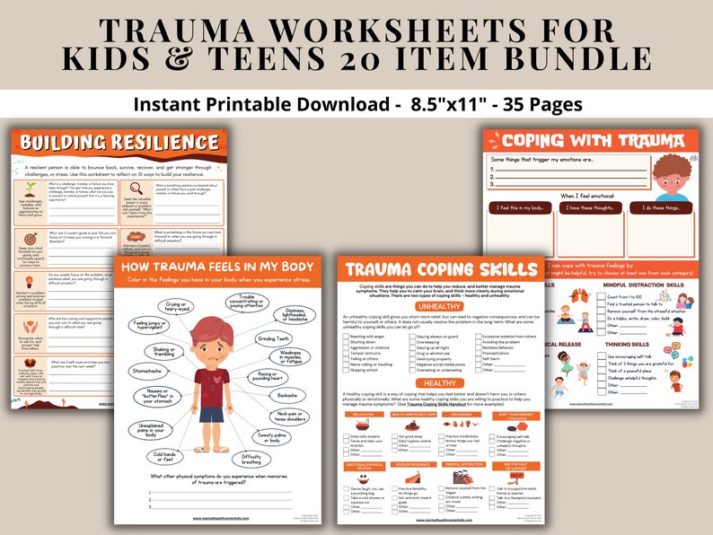Trauma PTSD Worksheets 20 Item Printable Bundle for Kids &amp; - Etsy