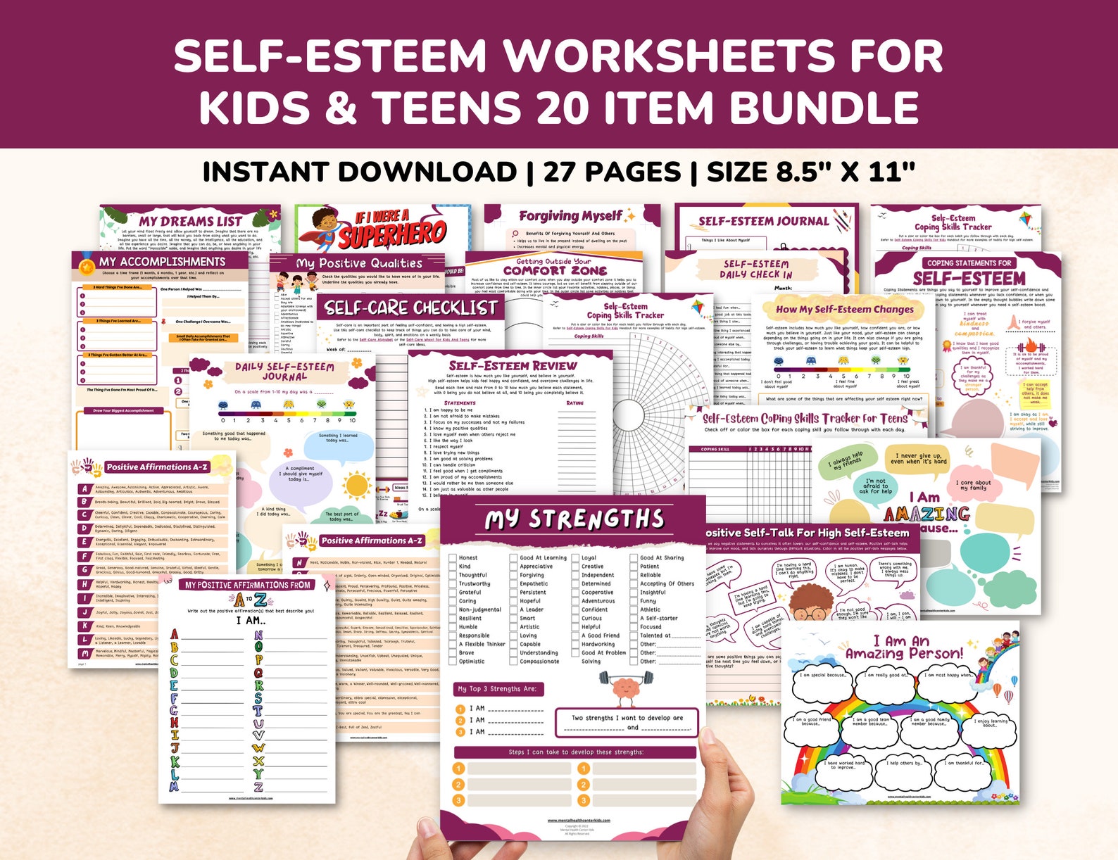 Self-Esteem Worksheets 20 Item Printable Bundle for Kids & Teens