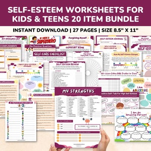 Self-Esteem Worksheets 20 Item Printable Bundle for Kids & Teens-Mental Health Child Therapy Counseling Therapist Social Emotional Learning
