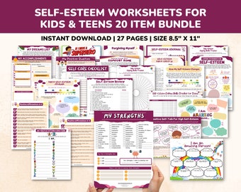 Self-Esteem Worksheets 20 Item Printable Bundle for Kids & Teens-Mental Health Child Therapy Counseling Therapist Social Emotional Learning