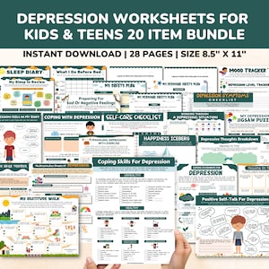 Depression Worksheets 20 Item Printable Mental Health Bundle for Kids & Teens-Child Therapy Counseling Social Emotional Learning Relief CBT