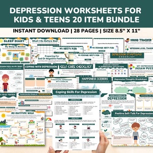 Depression Worksheets 20 Item Printable Mental Health Bundle for Kids & Teens-Child Therapy Counseling Social Emotional Learning Relief CBT