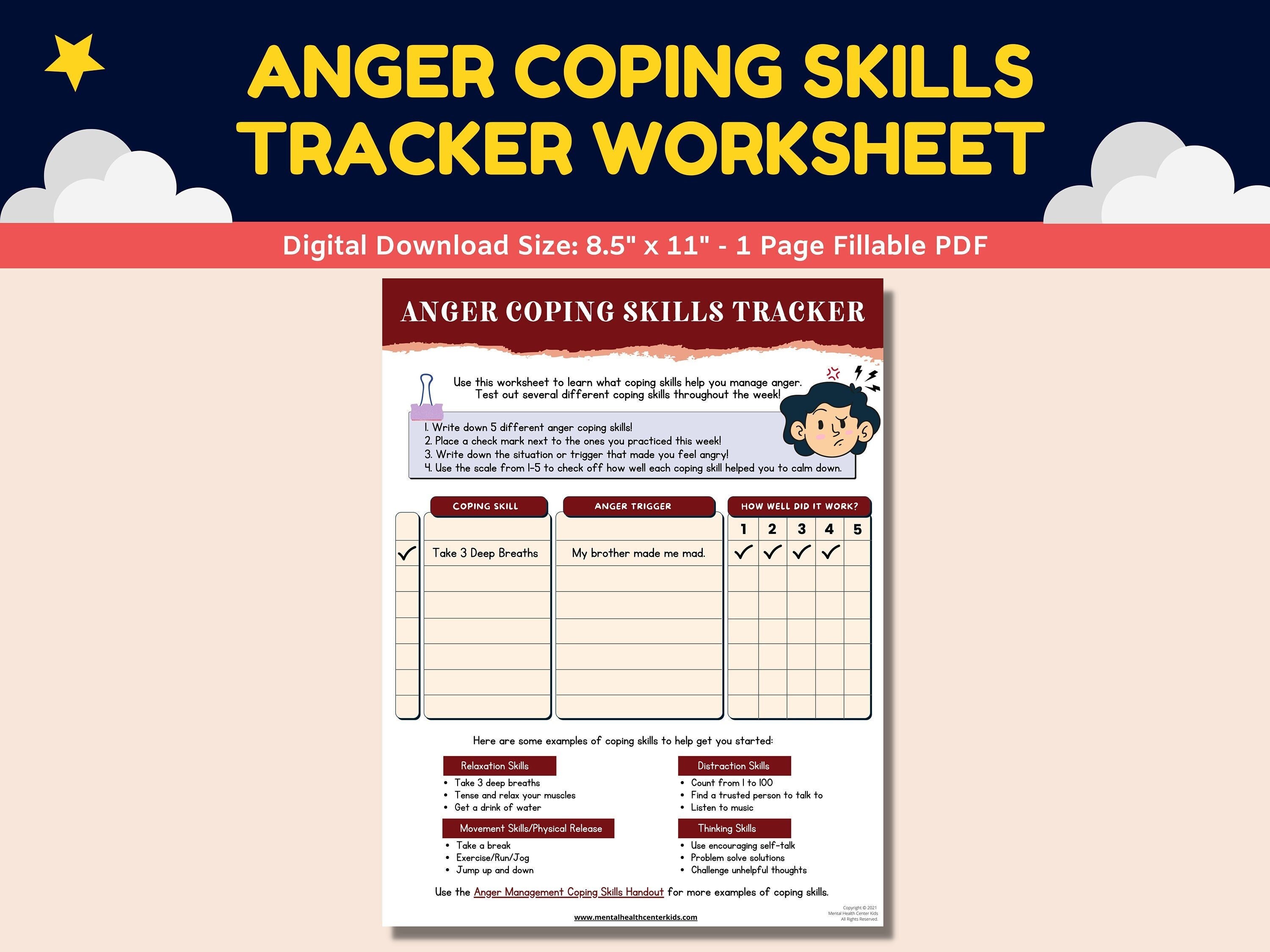 anger management coping skills tracker fillable worksheet kids etsy