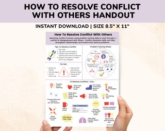 Conflict Resolution Poster & Problem Solving Wheel Kids Teens-Social Skills-How To Resolve Conflict Handout-School Counseling Child Therapy