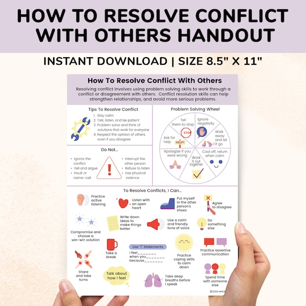 Conflict Resolution Poster & Problem Solving Wheel Kids Teens-Social Skills-How To Resolve Conflict Handout-School Counseling Child Therapy