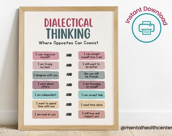 May include: A printable poster with the title "Dialectical Thinking: Where Opposites Can Coexist". The poster features a list of opposing statements, such as "I can improve myself" and "I can accept myself how I am", with the word "AND" in between each pair of statements.