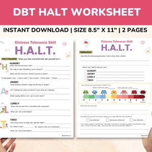 DBT HALT Acronym Worksheets 2-Pages-Hungry, Angry, Lonely, Tired-Therapy Worksheets Fillable PDF-Kids Teens-Anxiety