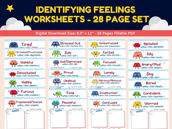 feelings emotions worksheets for kids 28 pg identifying etsy