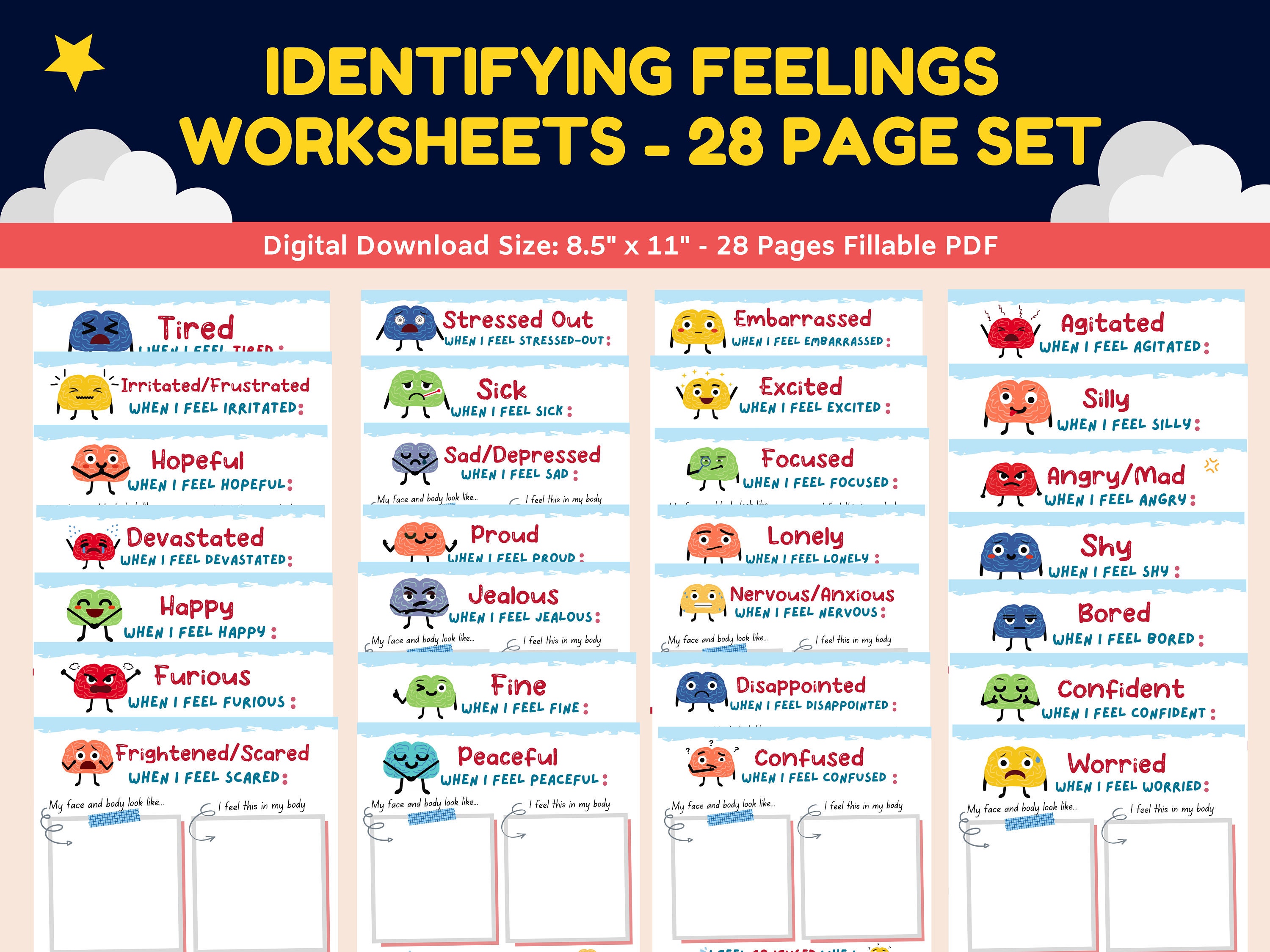 feelings emotions worksheets for kids 28 pg identifying etsy