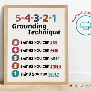 54321 Grounding Poster-5-4-3-2-1 Ground Technique Coping Skills-Calm Down Strategies Poster-School Counselor Office-CBT Anxiety Relief Sign