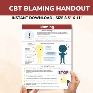 May include: A printable handout with a red, white and blue colour scheme. The handout is titled "CBT Blaming Handout" and provides information about blaming, including examples of blaming and how to stop blaming. The handout includes illustrations of a person with a thought bubble and a megaphone with the word "STOP" on it.