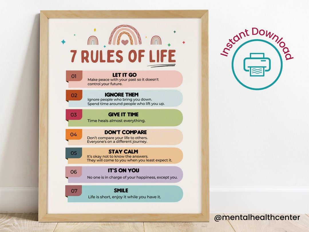 7 Rules of Life Poster Printable Kids Wall Art counseling Office Decor 7 Rules of Life Poster Printable Kids Wall Art counseling Office Decor