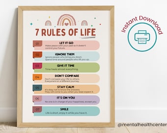 7 Rules Of Life Poster Printable Kids Wall Art-Counseling Office Decor-Happy Daily Affirmations Print Happy Quote Feelings Poster Life Rules
