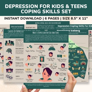 Depression Coping Skills Therapy Counseling Printable Poster Handouts Bundle for Kids & Teens 6pgs Depression Awareness Mental Health Help