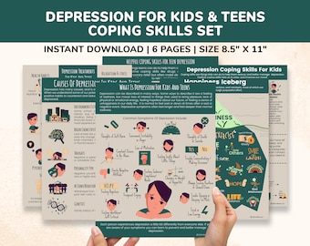 Puede incluir: Un conjunto de seis páginas imprimibles de habilidades de afrontamiento para niños y adolescentes que lidian con la depresión. Las páginas presentan ilustraciones coloridas y texto con títulos como "Causas de la depresión", "Qué es la depresión para niños y adolescentes", "El iceberg de la felicidad" y "Habilidades de afrontamiento para la depresión para niños".