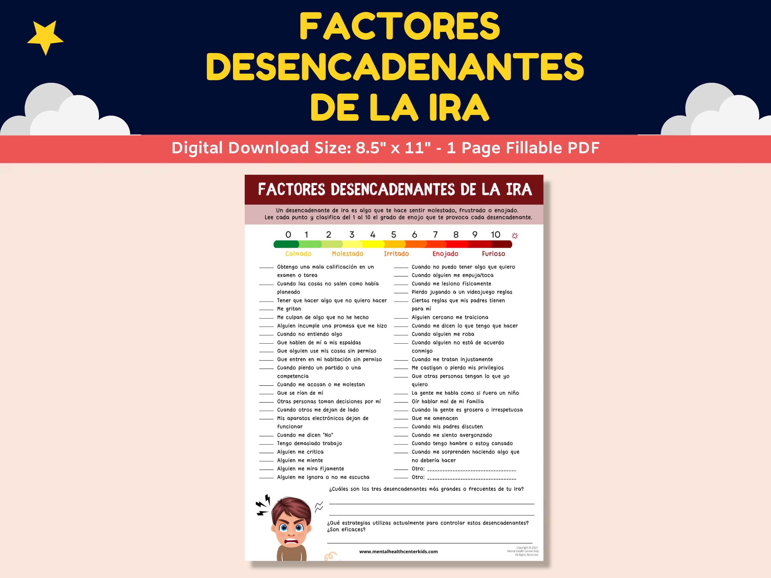 Spanish Anger Management Worksheet for Kids-teens - Factores ...