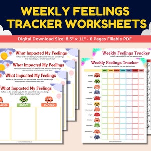 Wekelijkse gevoelenstracker Emoji-werkbladen Set van 6 pagina's Emoties identificeren voor kinderen Sociaal-emotioneel leren Kindertherapiecounseling