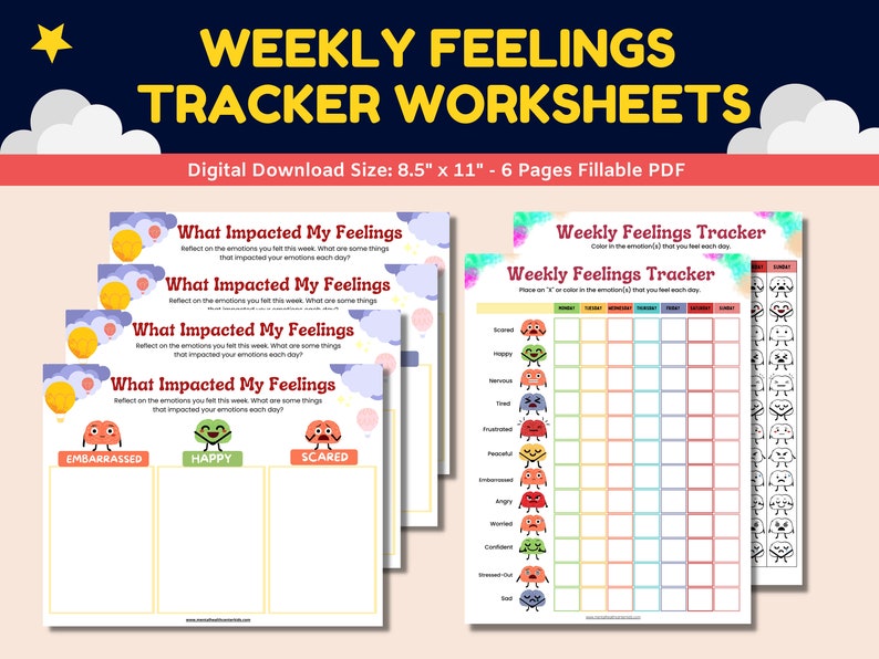 Weekly Feelings Tracker Emoji Worksheets 6 Page Set-identifying ...