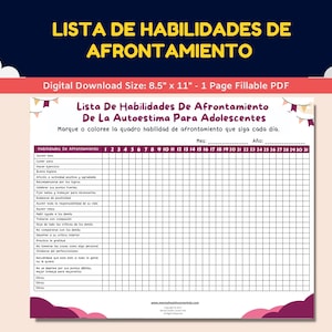Spanish Self-Esteem Worksheet-Lista De Habilidades De Afrontamiento De Autoestima Para Adolescentes-Self-Esteem Coping Skills Tracker Teens