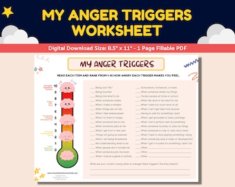 Anger Triggers Fillable Worksheet Kids Children With Anger Thermometer-Mental Health Printable Child Therapy Counseling Treatment Worksheets