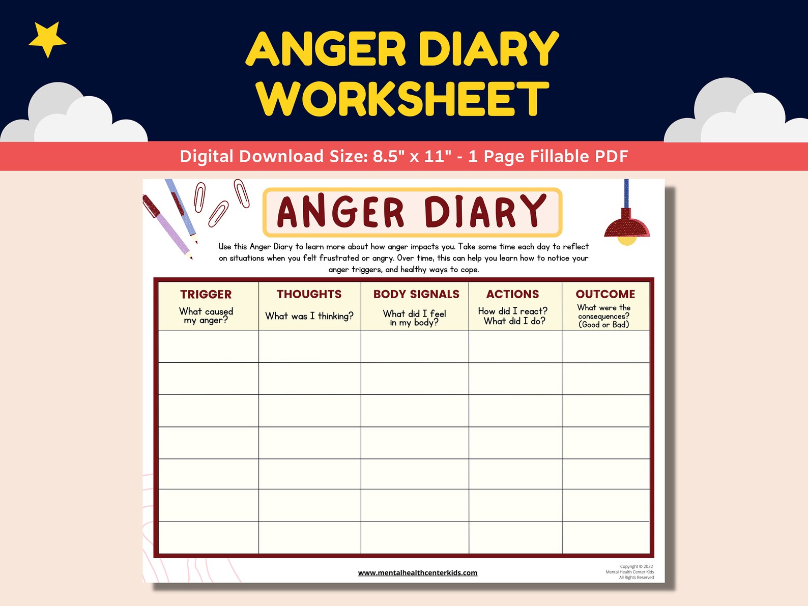 Anger Diary Fillable Worksheet Kids Children Teens Anger Management ...