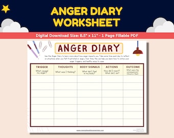 Anger Diary Fillable Worksheet Kids Children Teens Anger Management - Mental Health Printable Child Therapy Counseling Worksheets Therapist