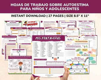 Spanish Self-Esteem Worksheets 20 Item Bundle For Kids-Teens - Hojas De Trabajo Sobre Autoestima Para Ninos Y Adolescentes