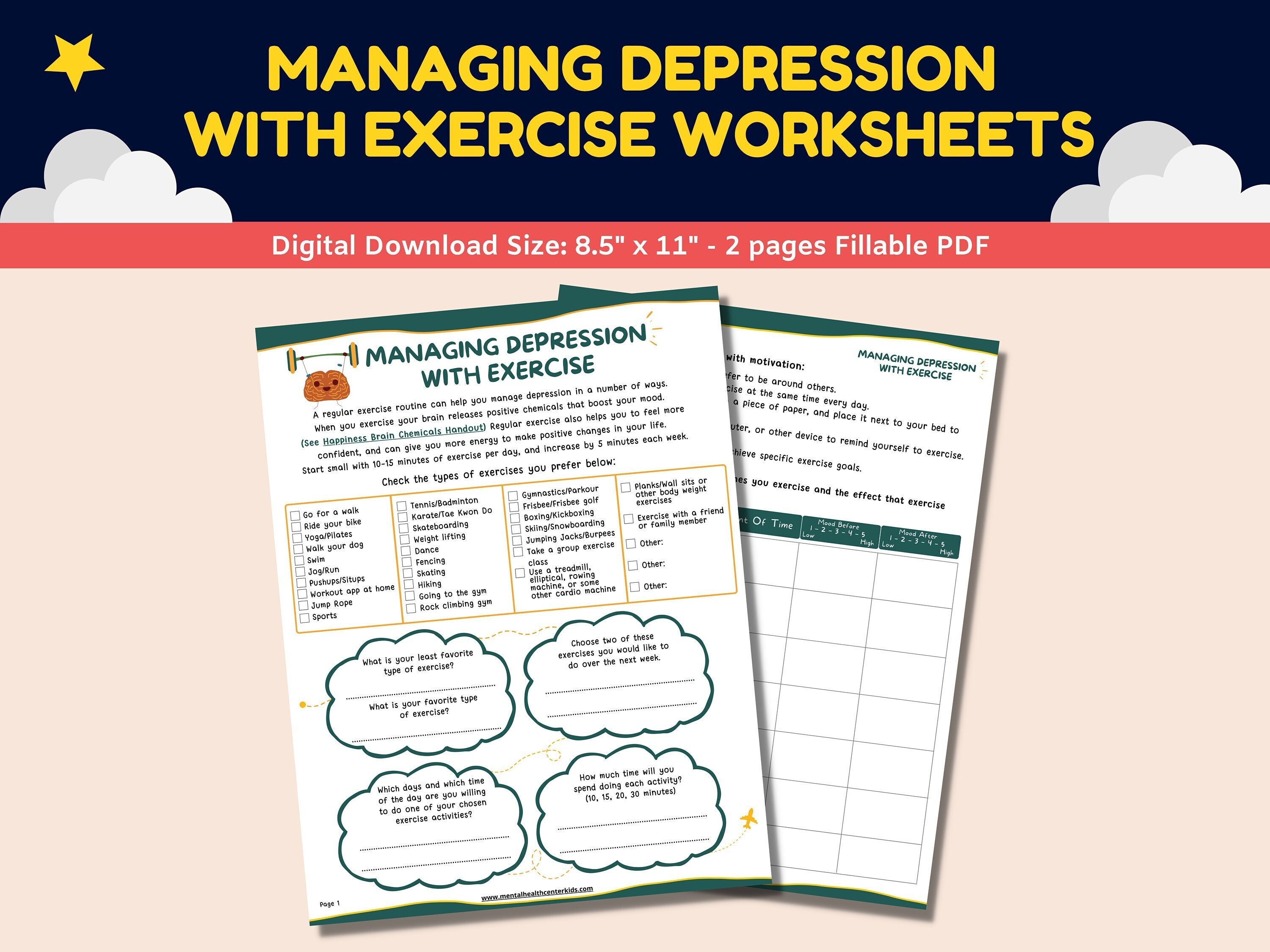 Exercise for Depression Mental Health Worksheet for Kids Teens - Etsy  Finland