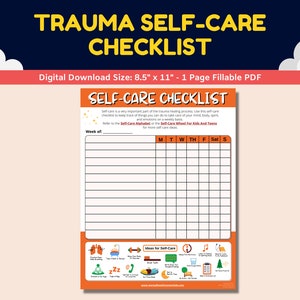 Feuille de travail de la liste de contrôle des soins personnels Trauma PTSD Therapy Kids Teens Young Adults - Mental Health Counseling Self-Eseem DBT-Fillable Printable PDF