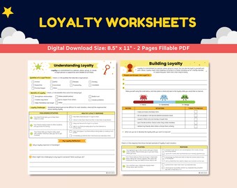 Może przedstawiać: Dwustronny zestaw cyfrowych arkuszy roboczych zatytułowany "Loyalty Worksheets". Na górze obrazu znajduje się żółty tekst "LOYALTY WORKSHEETS". Arkusze robocze mają na celu pomóc w zrozumieniu i budowaniu lojalności.
