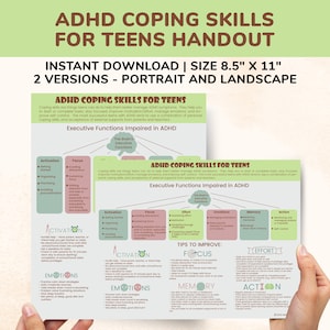 ADHD Coping Skills Printable Handout Poster For Teens - Executive Functioning Skills - ADHD Students - Ways To Help For Parents Teachers ADD