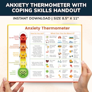 Anxiety Thermometer With Coping Skills - Feelings Emotions Chart Poster Kids Teens Printable Awareness Sheet Therapy Counselor Digital Print