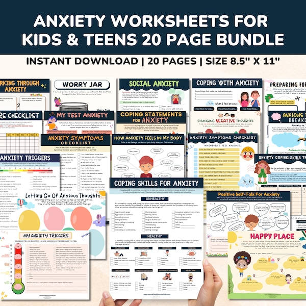 Anxiety Worksheets 20 Pg Printable Bundle for Kids & Teens-Child Therapy Counseling Social Emotional Learning Mental Health Relief CBT PDF