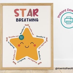 Star Mindfulness Breathing School Social Worker Office Poster For Kids, Calming Corner Breathing Exercises Poster Therapy Office Wall Art