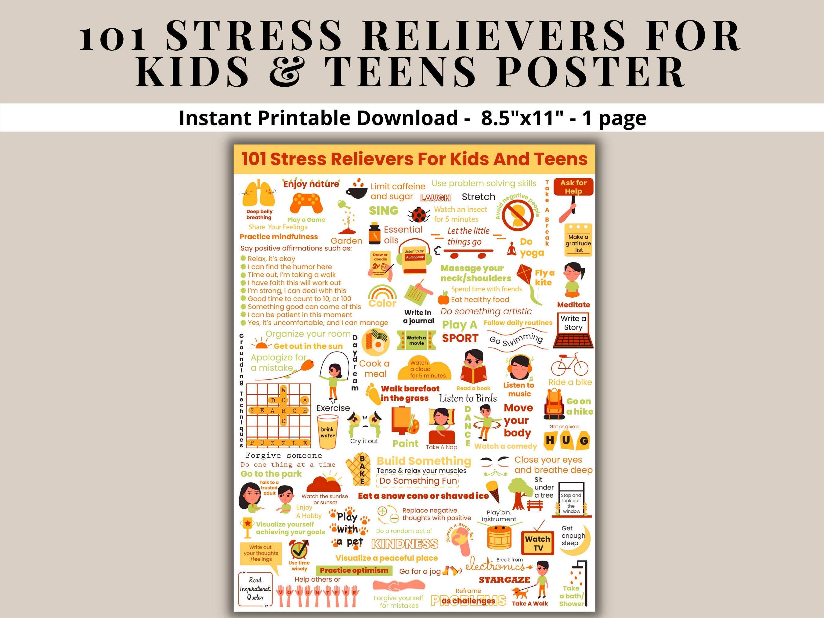 Stress Relief101 STRESS RELIEVERS for kids & teens Printable Etsy