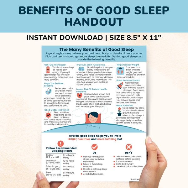 Vorteile einer guten Schlafhygiene druckbare Beratung Handout, Schlaf Diagramm für Kinder Jugendliche, Gesundheitskurs Poster, Therapie Arbeitsblatt Poster Geschenk