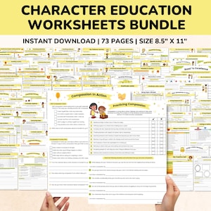 以下が含まれることがあります： 「Character Education Worksheets Bundle」と「Instant Download | 73 ページ | サイズ 8.5" X 11"」のテキストが入った、性格教育ワークシートのバンドル。 ワークシートは黄色と白で、イラストとテキストが入っています。 このバンドルには、思いやりに関するワークシートが含まれています。