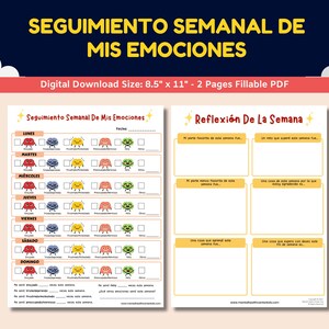 Scheda di lavoro sui sentimenti/emozioni in spagnolo per bambini-adolescenti-Seguimiento Semanal De Mis Emociones-Fogli di lavoro settimanali di monitoraggio delle emozioni e di riflessione 2 pagine