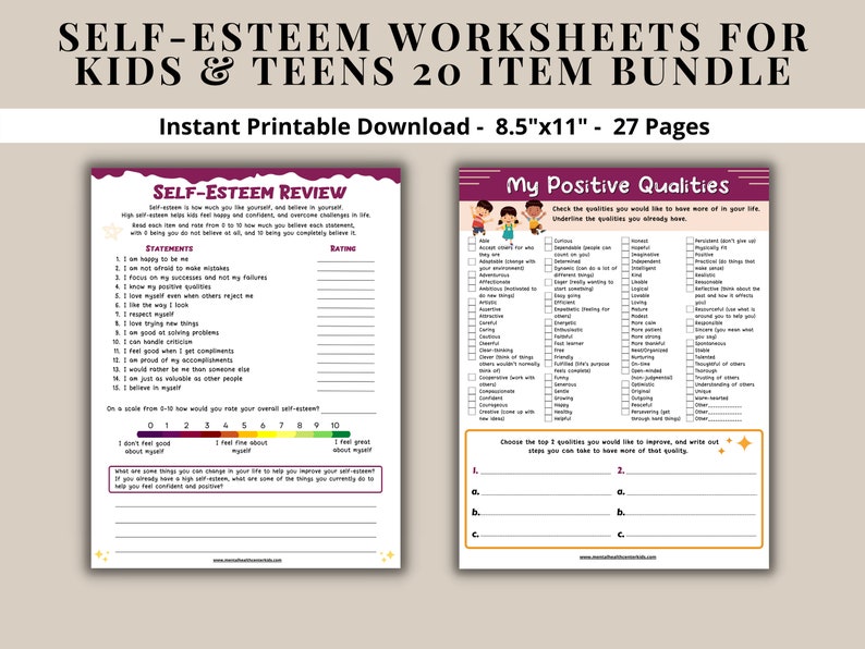 Self-esteem Worksheets 20 Item Printable Bundle for Kids &amp; - Etsy