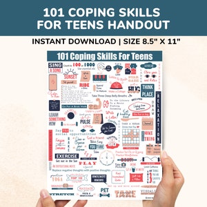 Op de afbeelding: Een uitprintbare handleiding met 101 coping skills voor tieners. De handleiding is gevuld met kleurrijke illustraties en tekst, waaronder zinnen als "Zing een liedje", "Doe een dutje", "Maak een wandeling" en "Denk aan een plek".