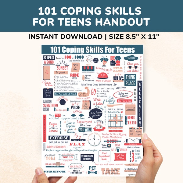 Coping Skills Poster - 101 Coping Skills For Teens Printable Handout - Calm Down Printable For Teens - Coping Strategies For Teens Therapy
