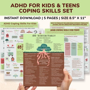 ADHD 印刷用配布資料 5 ページのミニバンドル 子供・ティーン・児童向けセラピーポスター メンタルヘルスリソース - 注意欠陥・多動性障害