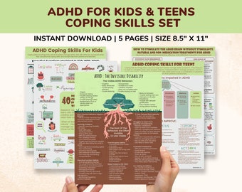 ADHD Printable Handouts 5 Page Set For Kids & Teens-Child Therapy Posters Mental Health Resource - Attention Deficit Hyperactivity Disorder