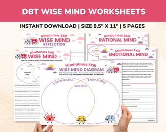 Wise Mind DBT Worksheets 5-Pages-Mindfulness Skills PDF-Kids-Teens-Adults-Dialectical Behavior Therapy Worksheets-Rational-Emotional Mind
